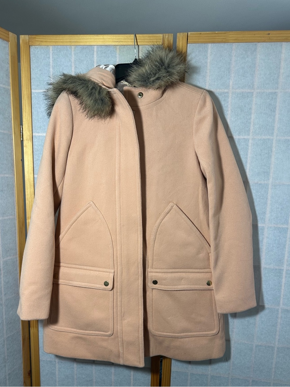 J crew parka Women’s Hooded Wool-Blend Coat in Blush with Faux-Fur Trim